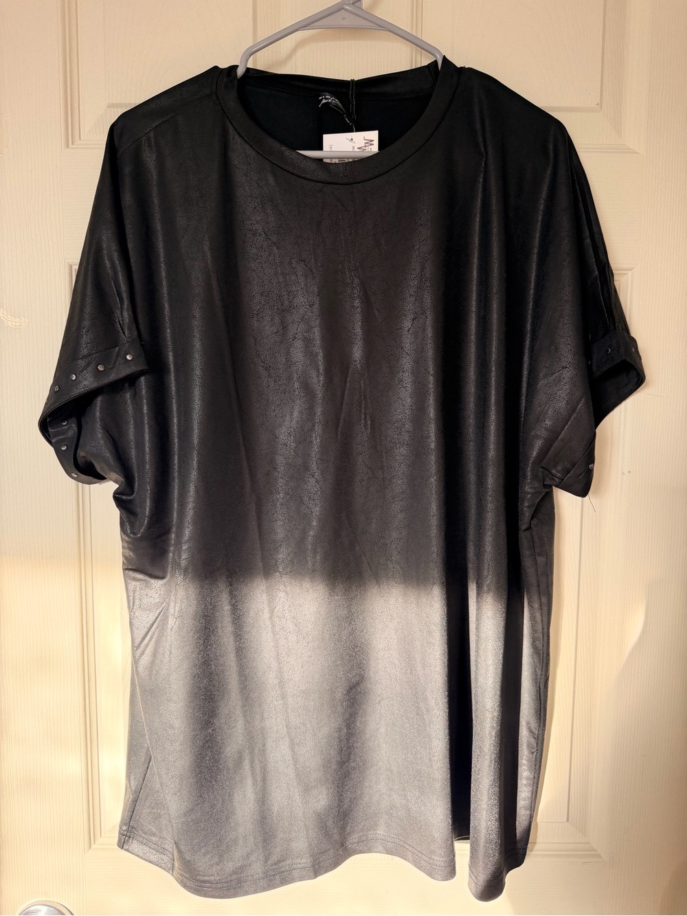 Black Faux-Leather Tunic Top with Stud Sleeve Detail